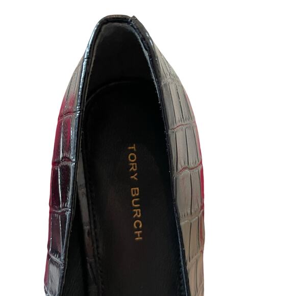 TORY BURCH Women Croc Leather Georgia Pump 25mm Black Size 7.5 New In Box - Picture 13 of 16